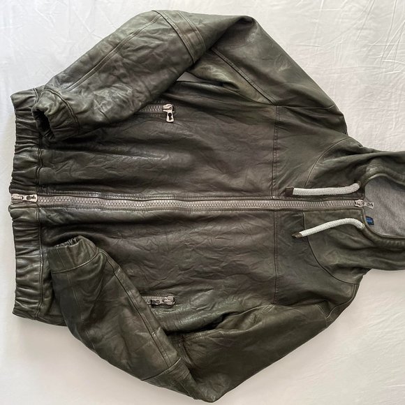 Olive Hooded Leather Jacket - Picture 4 of 5